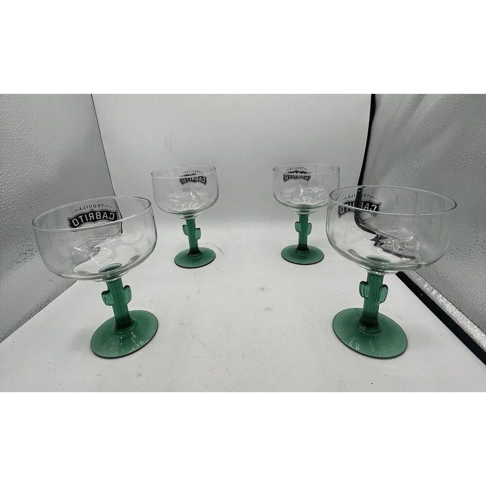 Cabrito Tequila Margarita Glasses Set of 4 Green Cactus Stem Barware